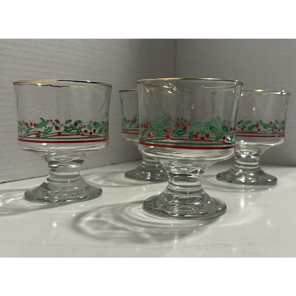 Arby’s Christmas Holly Berry Bow Stem Holly Vtg Goblets Libbey Parfait Bowl Set - Picture 5 of 16